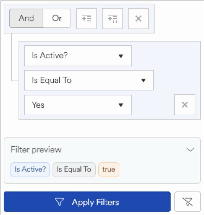 Filter options for active status and equality in a user interface.